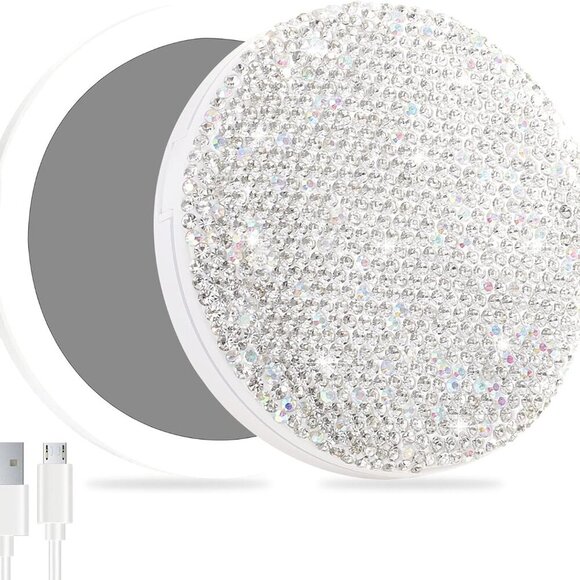 Luxurious Rhinestone LED Lighted Compact Mirror,Bling Portable Travel Makeup Mir - Picture 5 of 6